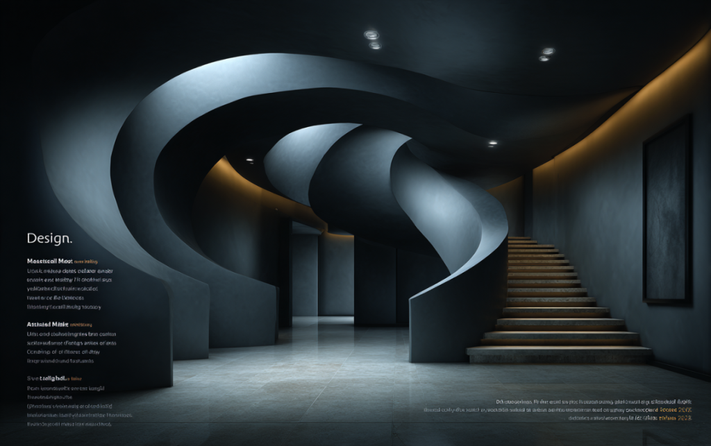 Multi axis CNC machining forming curved architectural metal structure inside modern interior