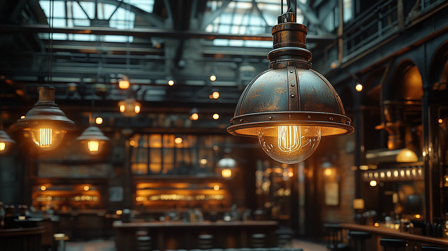 Industrial pendant lighting installed in custom fabrication interior