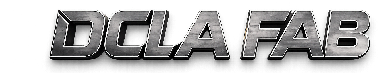 DCLA FAB 3D metal logo with brushed steel texture and soft shadow on transparent background