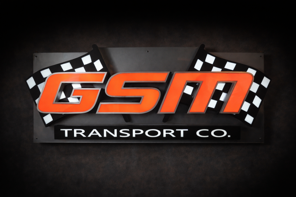 DCLA FAB custom GSM Transport Co wall sign with dimensional lettering and layered commercial fabrication