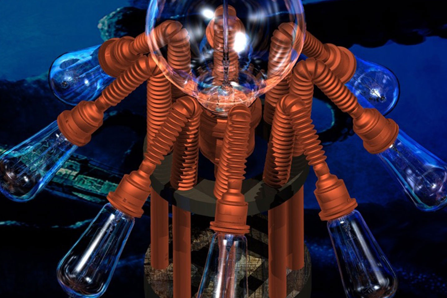 DCLA FAB rendering to fabrication process showing custom lighting assembly with engineered components