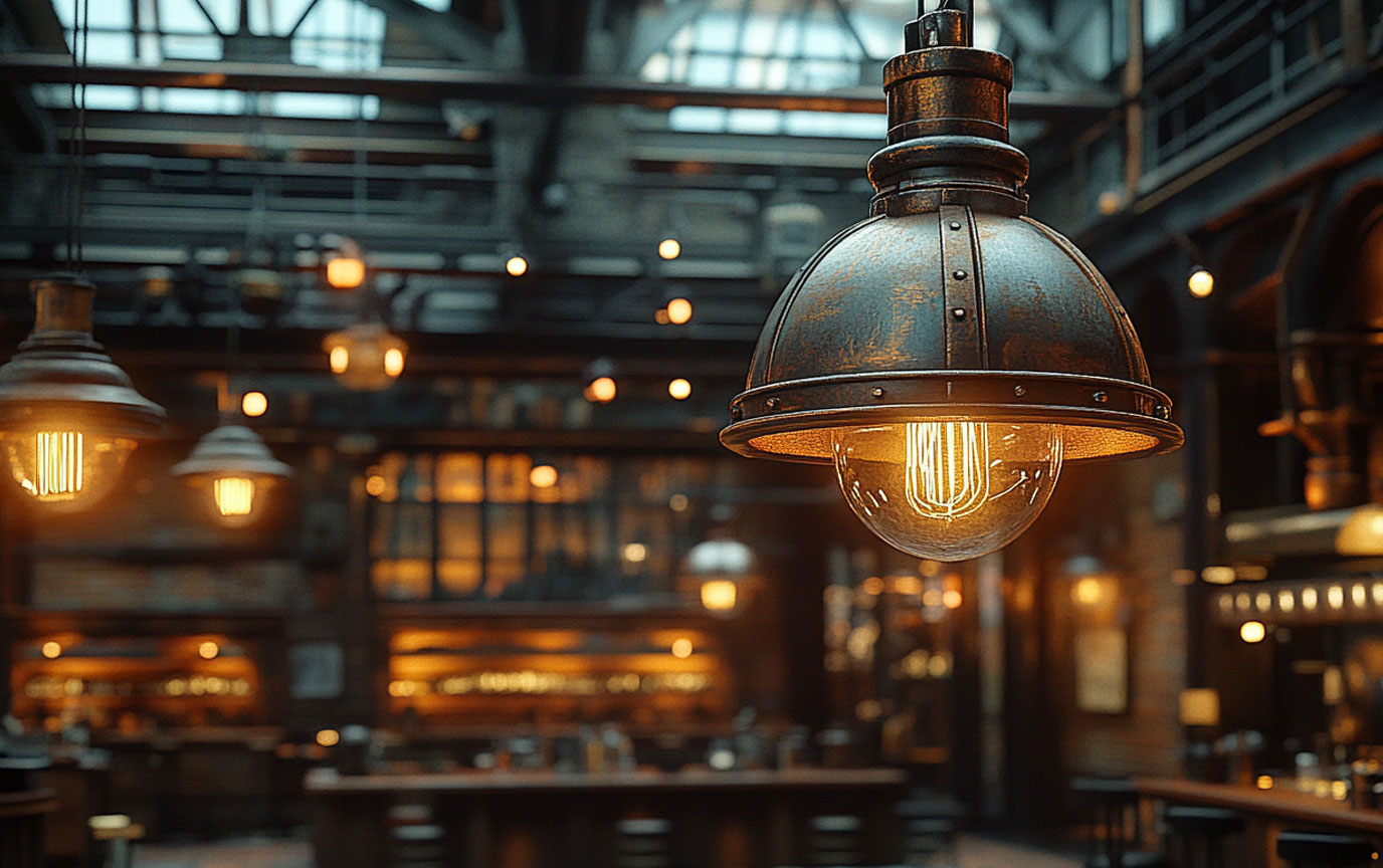 Custom engineered industrial interior with large illuminated mechanical feature