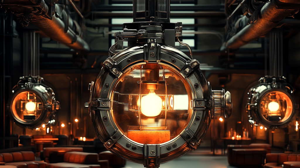 Custom engineered industrial interior with large illuminated mechanical feature