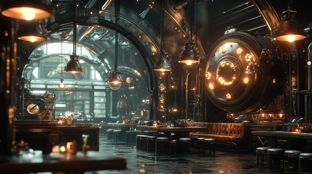 Custom engineered hospitality interior with large mechanical feature and integrated lighting