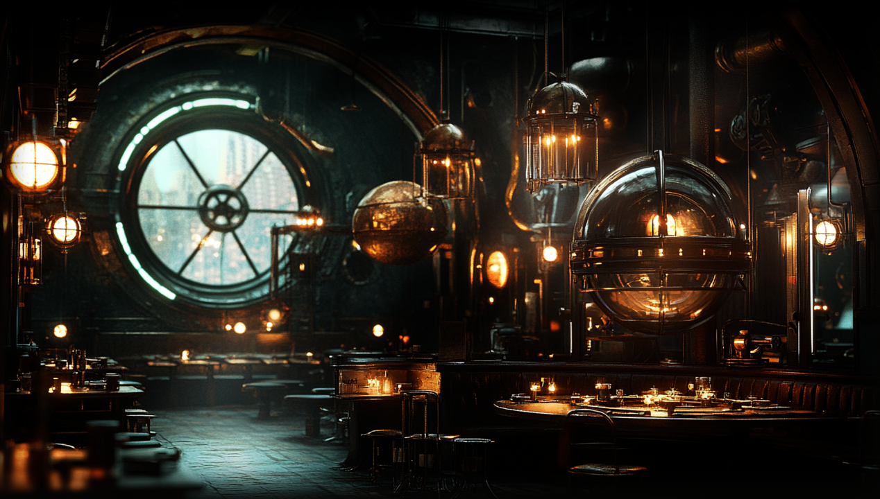 DCLA FAB custom industrial interior with engineered lighting installation and large scale mechanical feature