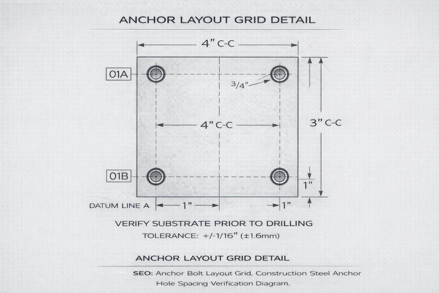 Top view anchor bolt layout grid showing center to center dimensions, datum line reference, edge distances, and ±1/16 tolerance note for structural steel mounting plate.