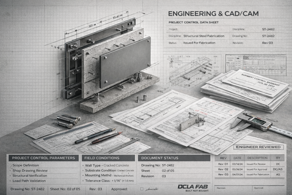 Structural process control data sheet showing engineered steel mounting system with exploded assembly and revision tracking for fabrication release