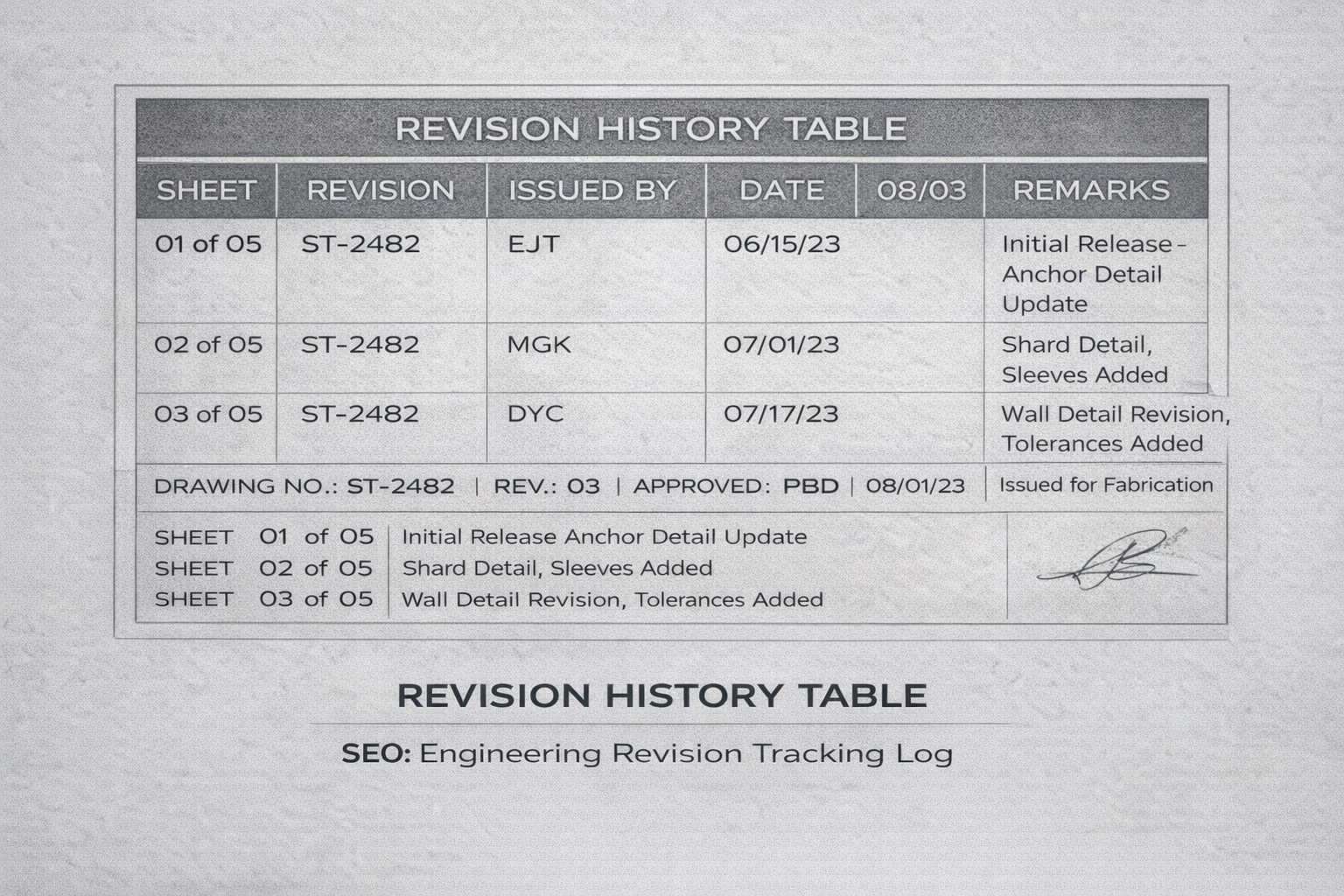 DCLA FAB project control revision history table inset showing rev 03, issued for fabrication, sheet tracking, dates, and approval stamp.