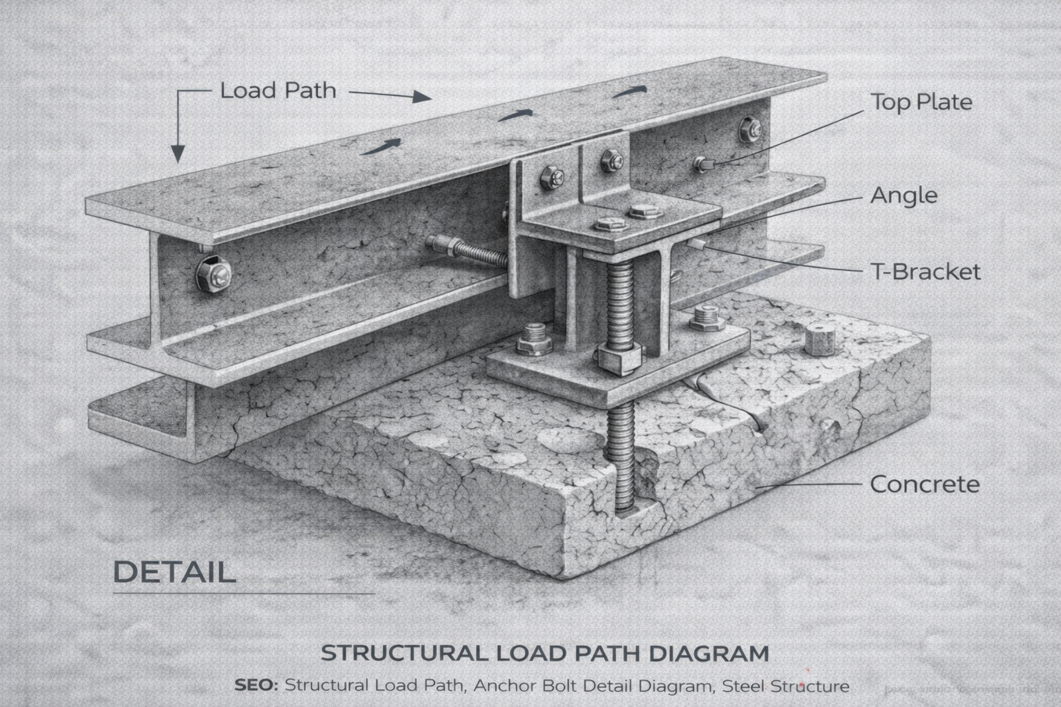 Structural steel load path detail showing top plate, angle, T bracket, anchor bolt, and concrete base with directional load arrows.