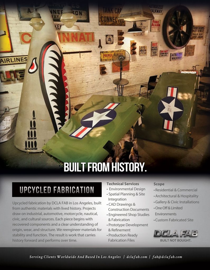 Upcycled fabrication by DCLA FAB using reclaimed aircraft components and industrial materials in Los Angeles