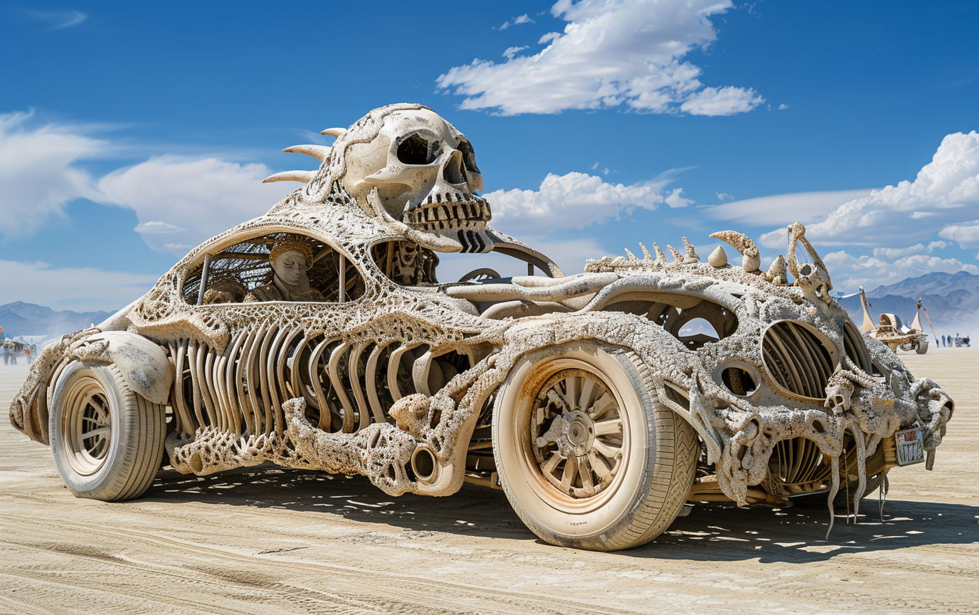 DCLA FAB conceptual automotive installation vehicle built from sculptural skeletal components displayed in desert environment