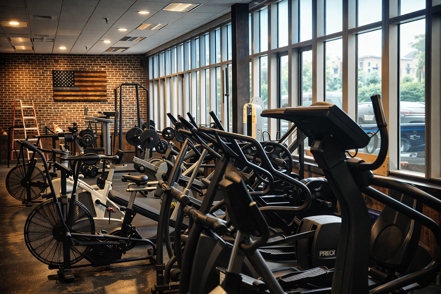 LAFD Metro Fire Communications Firehouse gym with cardio machines, weight equipment, brick wall and American flag