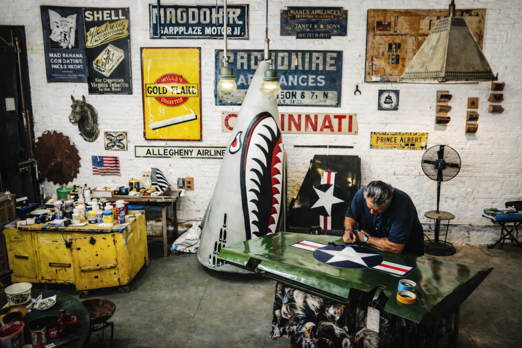 Militaria upcycled environment in Downtown Los Angeles Arts District featuring decommissioned aircraft components transformed into functional furniture and interior elements