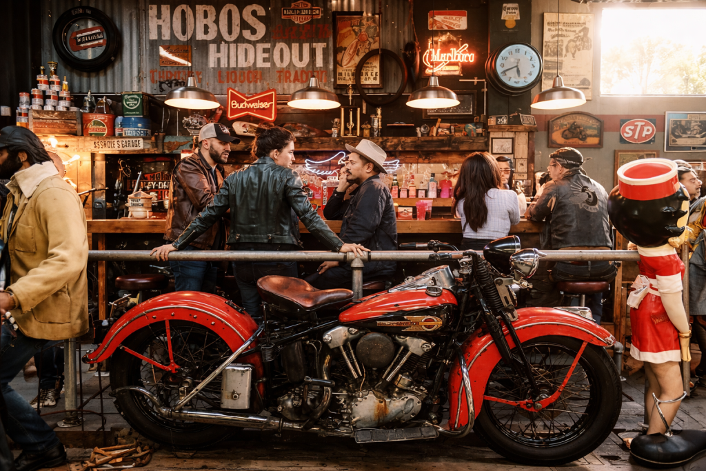 Immersive bar environment inside Los Angeles Vintage Motorcycle Museum featuring restored red Harley Davidson and vintage signage.