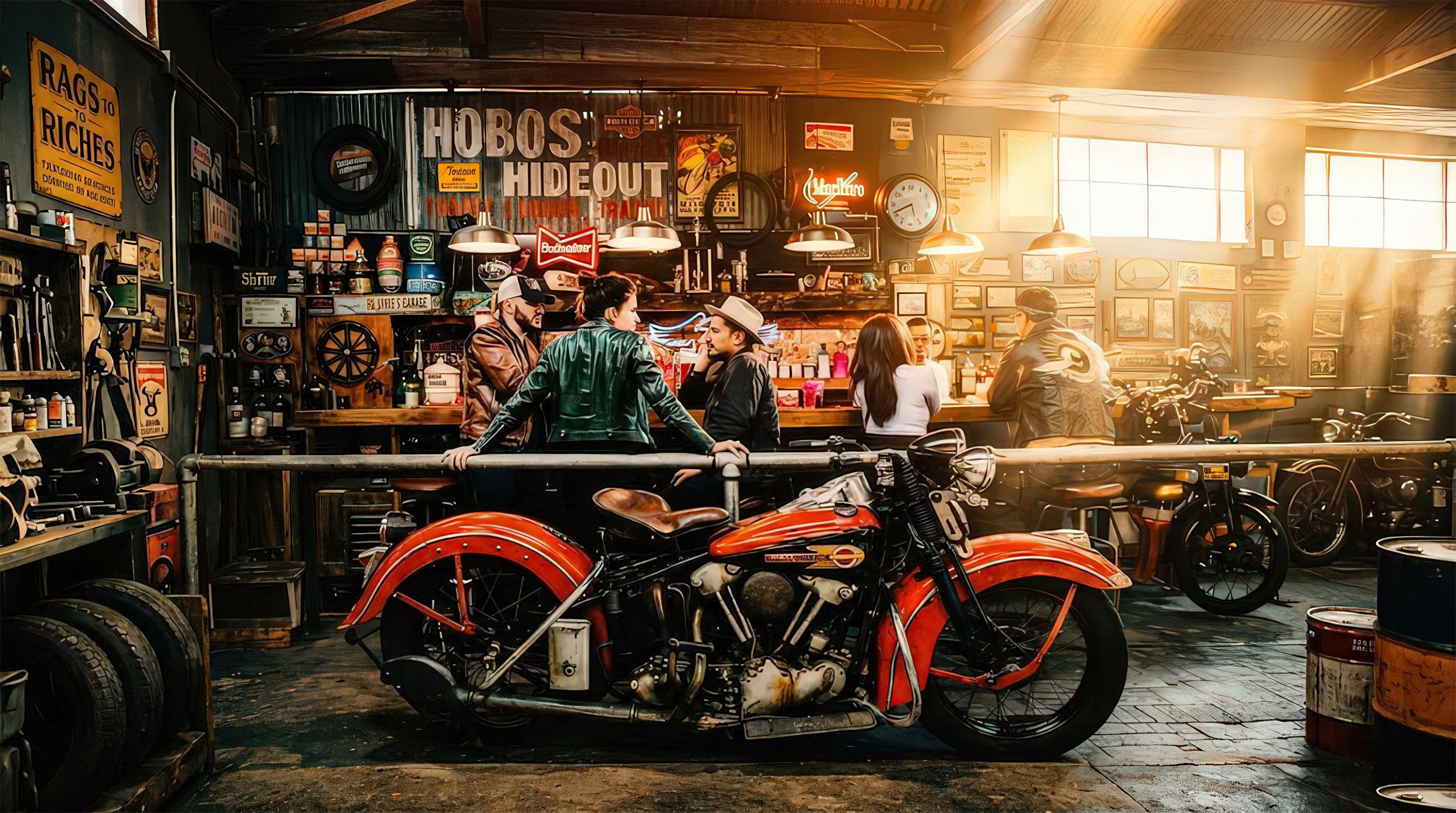 Immersive bar environment inside Los Angeles Vintage Motorcycle Museum featuring restored red Harley Davidson and vintage signage.