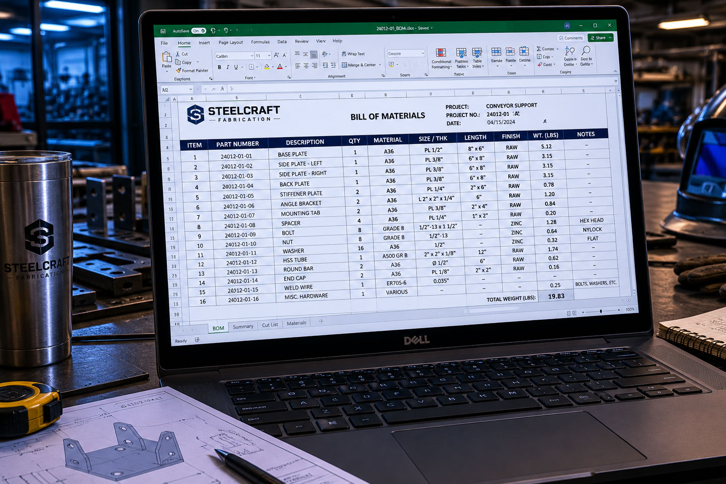 DCLA FAB bill of materials production document displayed on industrial fabrication workstation for manufacturing coordination and material tracking.