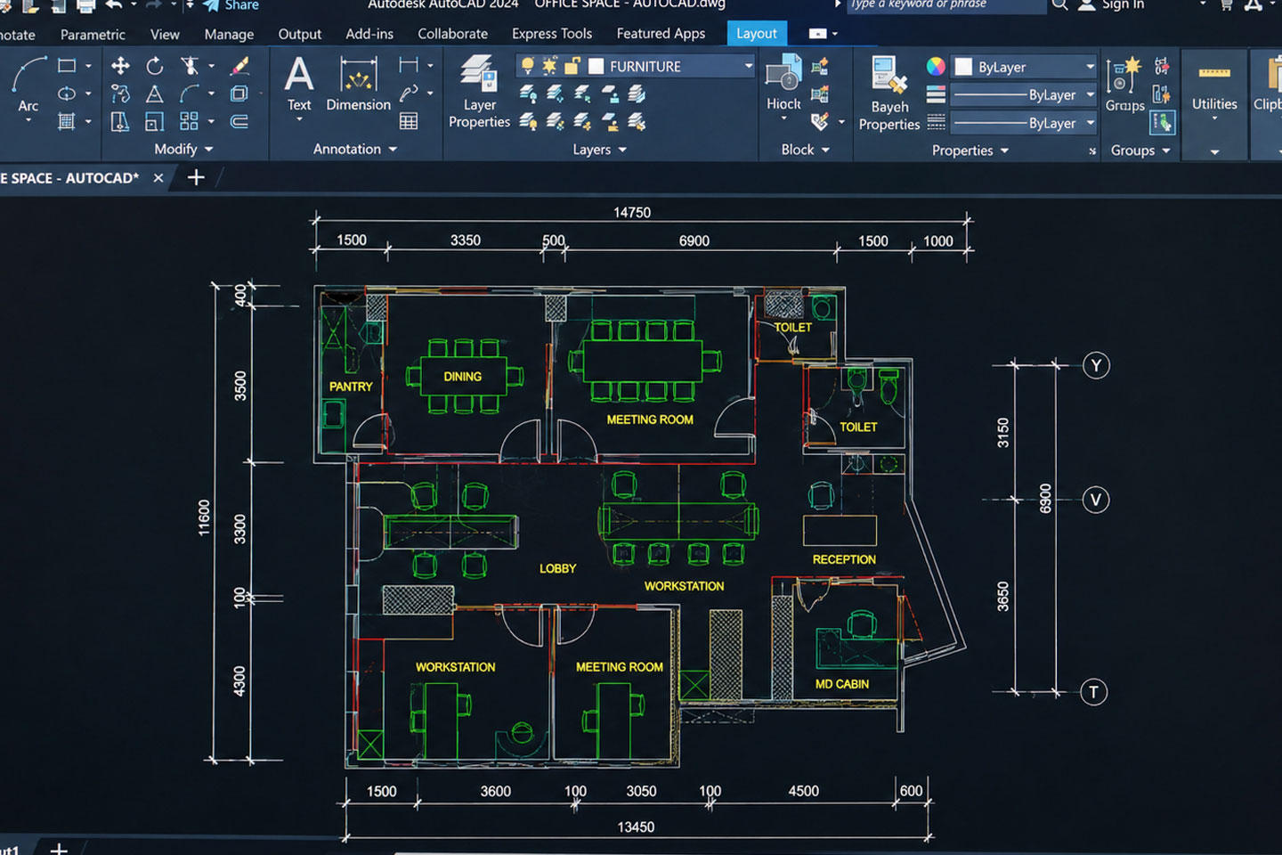 DCLA FAB DXF architectural CAD drawing displayed inside AutoCAD production environment for engineering review and fabrication intake processing.