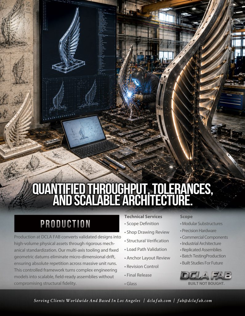 Integrated fabrication production workflow showing concept sketching, CAD engineering, prototype modeling, structural welding, and finished architectural metal sculpture installation inside a fabrication shop.