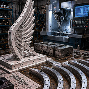 Physical scale model of an architectural metal sculpture used for structural visualization, proportion testing, and fabrication planning within a production environment.