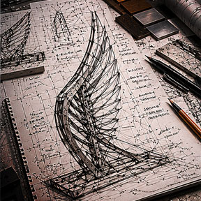 Hand drawn structural concept sketches for an architectural metal sculpture showing early form development, proportional studies, and fabrication planning.