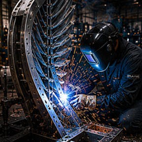 Welder fabricating a large scale architectural metal sculpture inside an industrial fabrication shop using precision structural assembly methods.